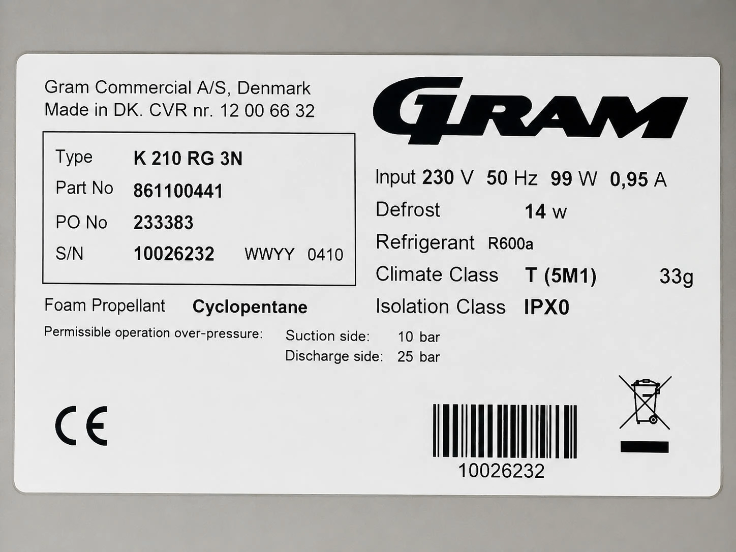 GRAM K210 RG3N – køleskab, 125 liter – billede 3