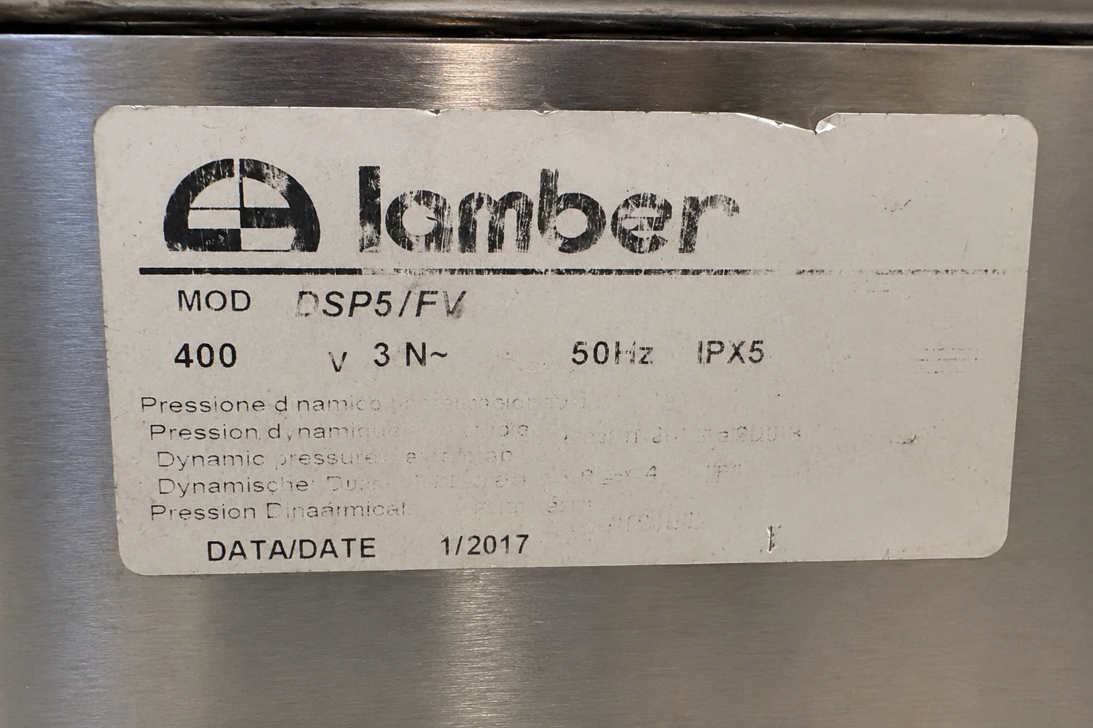 Lamber DSP5/FV – hætteopvaskemaskine – typeskilt