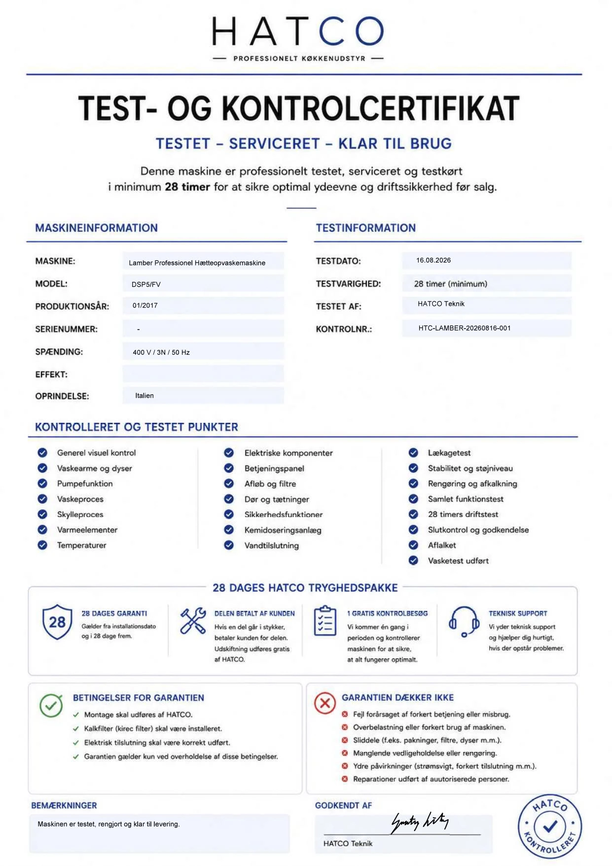 HATCO Test- og Kontrolcertifikat – Lamber DSP5/FV – hætteopvaskemaskine