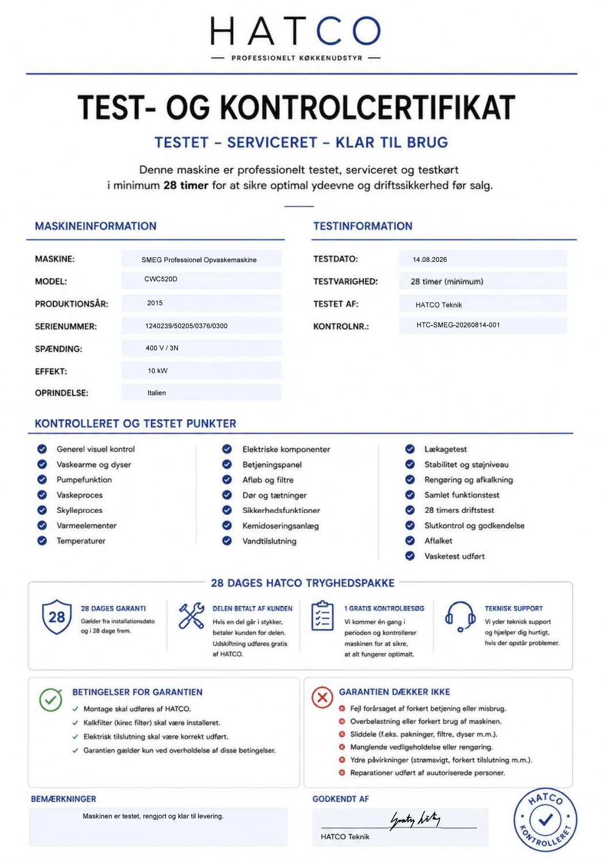 HATCO Test- og Kontrolcertifikat – SMEG CWC520D – hætteopvaskemaskine
